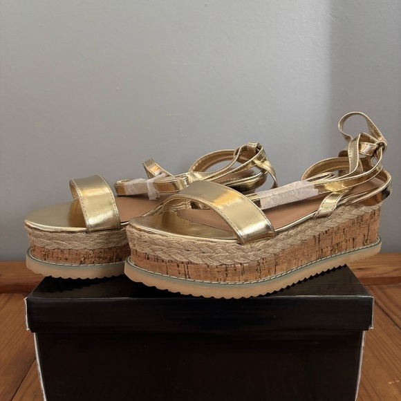 Gold Metallic Cork Platform Sandals Tie Strappy PrettyLittleThing Size 10 - Picture 2 of 12